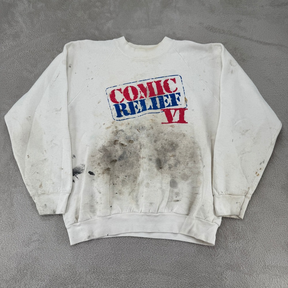 VTG Comic Relief VI Comedy Series Sweatshirt Mens XL White‎ Flaws Stain Pullover